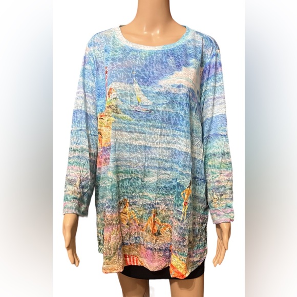 NWT Ali Miles Burn Out Crinkle Knit Plus Sz 3/4 Sleeve Hi-Low Hem Printed Tunic - Picture 1 of 9